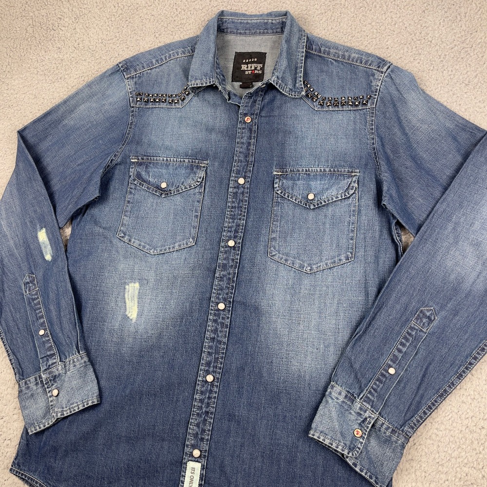 Riff Stars Studded Denim Pearl Snap Shirt Mens S Blue Rolling Stones Rock & Roll